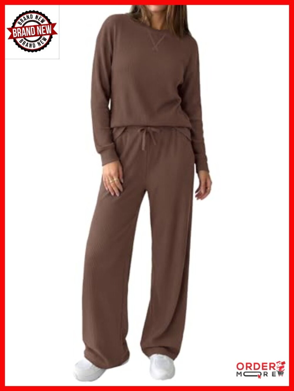 Women Ribbed Knit Two Piece Lounge Set Long Sleeve Wide Leg Pant Set
